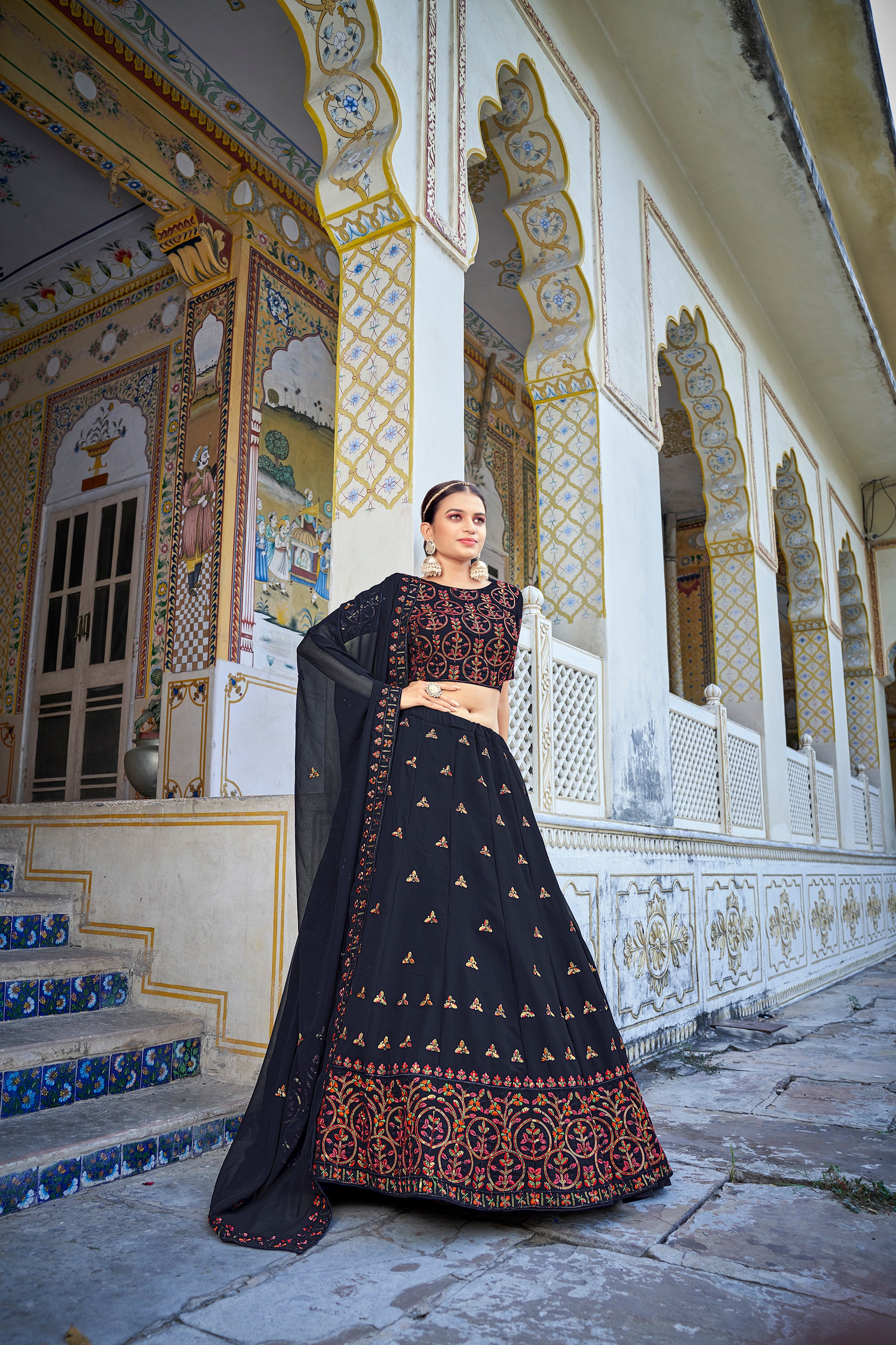 Women's Navy Blue Georgette Thread Sequence Embroidered Lehenga Set - Shubhkala