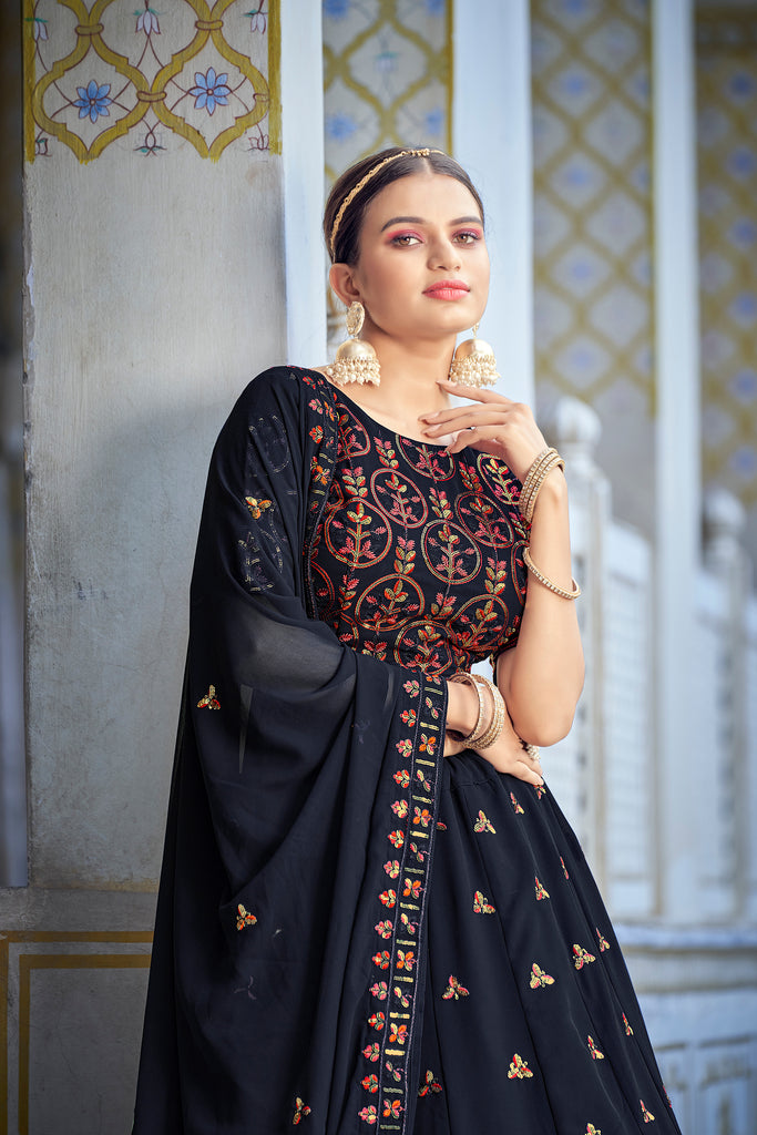 Women's Navy Blue Georgette Thread Sequence Embroidered Lehenga Set