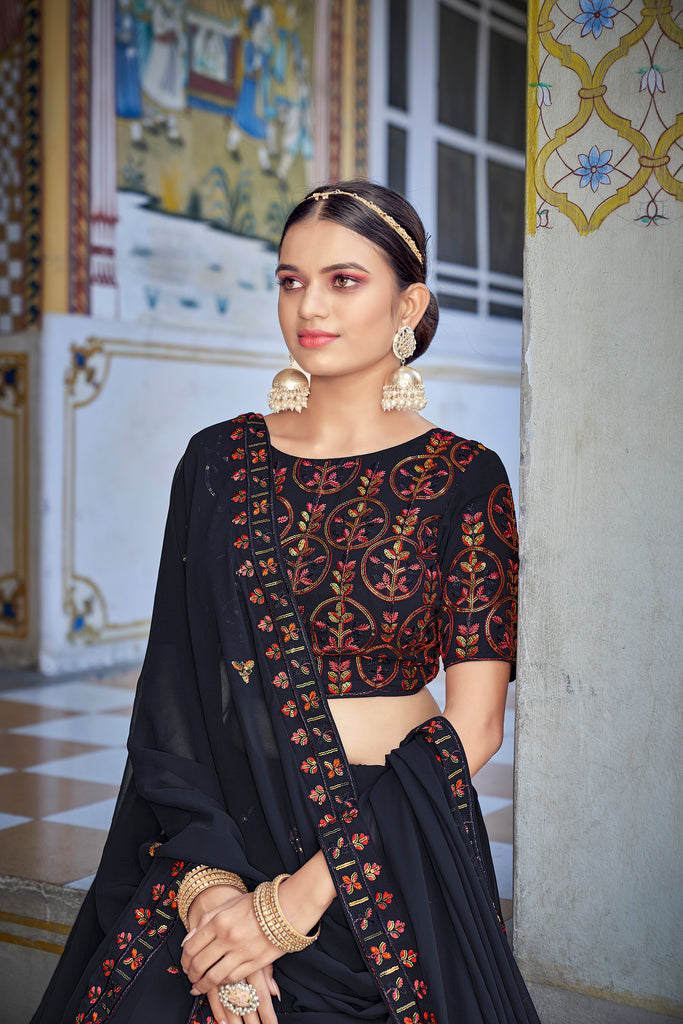 Women's Navy Blue Georgette Thread Sequence Embroidered Lehenga Set