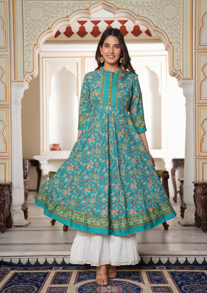 Womens Green Polyester Floral Kurta