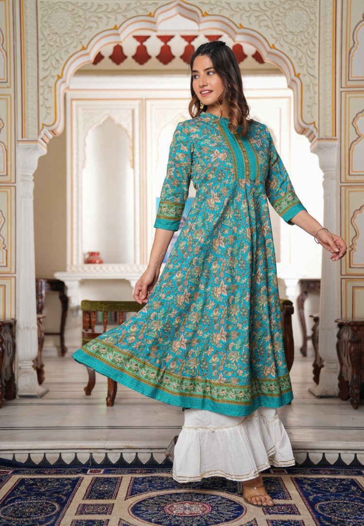 Womens Green Polyester Floral Kurta - Yash Gallery