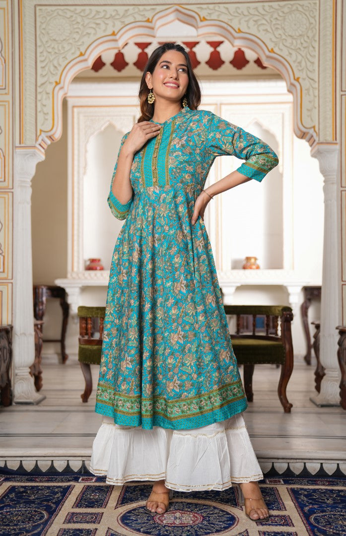 Womens Green Polyester Floral Kurta - Yash Gallery