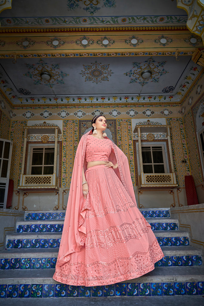 Women's Pink Georgette Thread Sequence Embroidered Lehenga Set