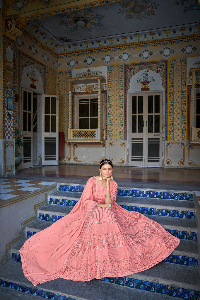 Women's Pink Georgette Thread Sequence Embroidered Lehenga Set