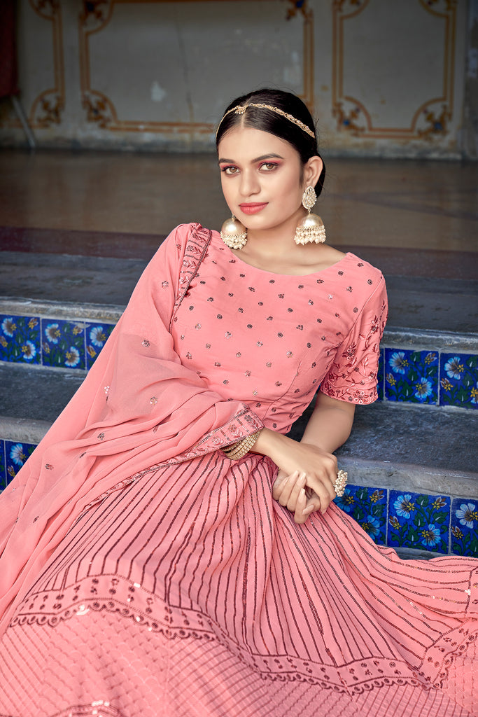 Women's Pink Georgette Thread Sequence Embroidered Lehenga Set