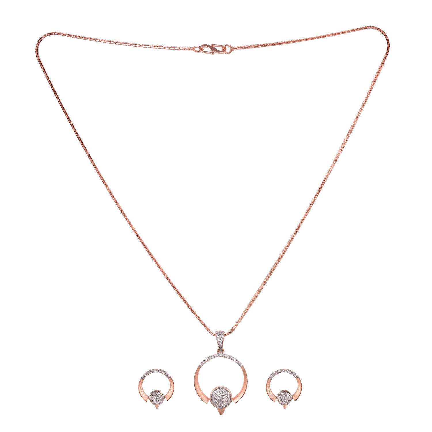 Women's Rose Gold Toned Green Ad Studdeed Elegant Pendant With Earrings Locket Jewellery Set