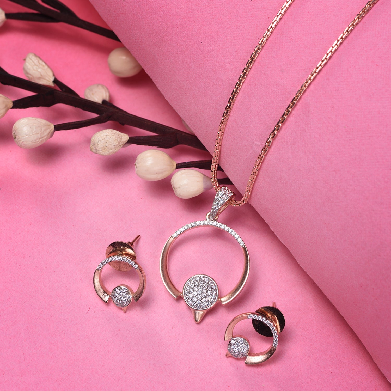 Women's Rose Gold Toned Green Ad Studdeed Elegant Pendant With Earrings Locket Jewellery Set
