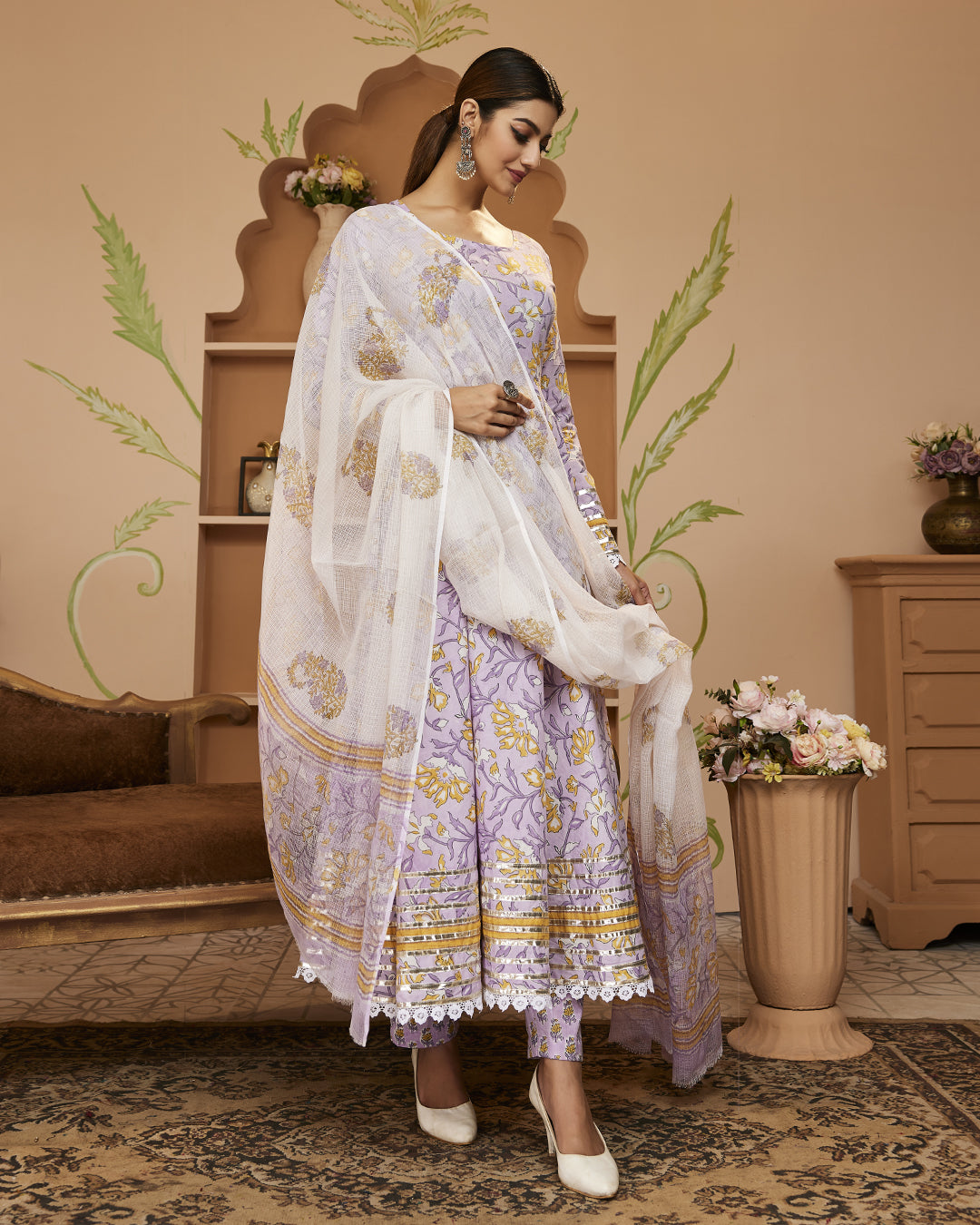 Women's Hand block Printed Lavender Anarkali Cotton Kurta With Trousers & Dupatta - Taantav