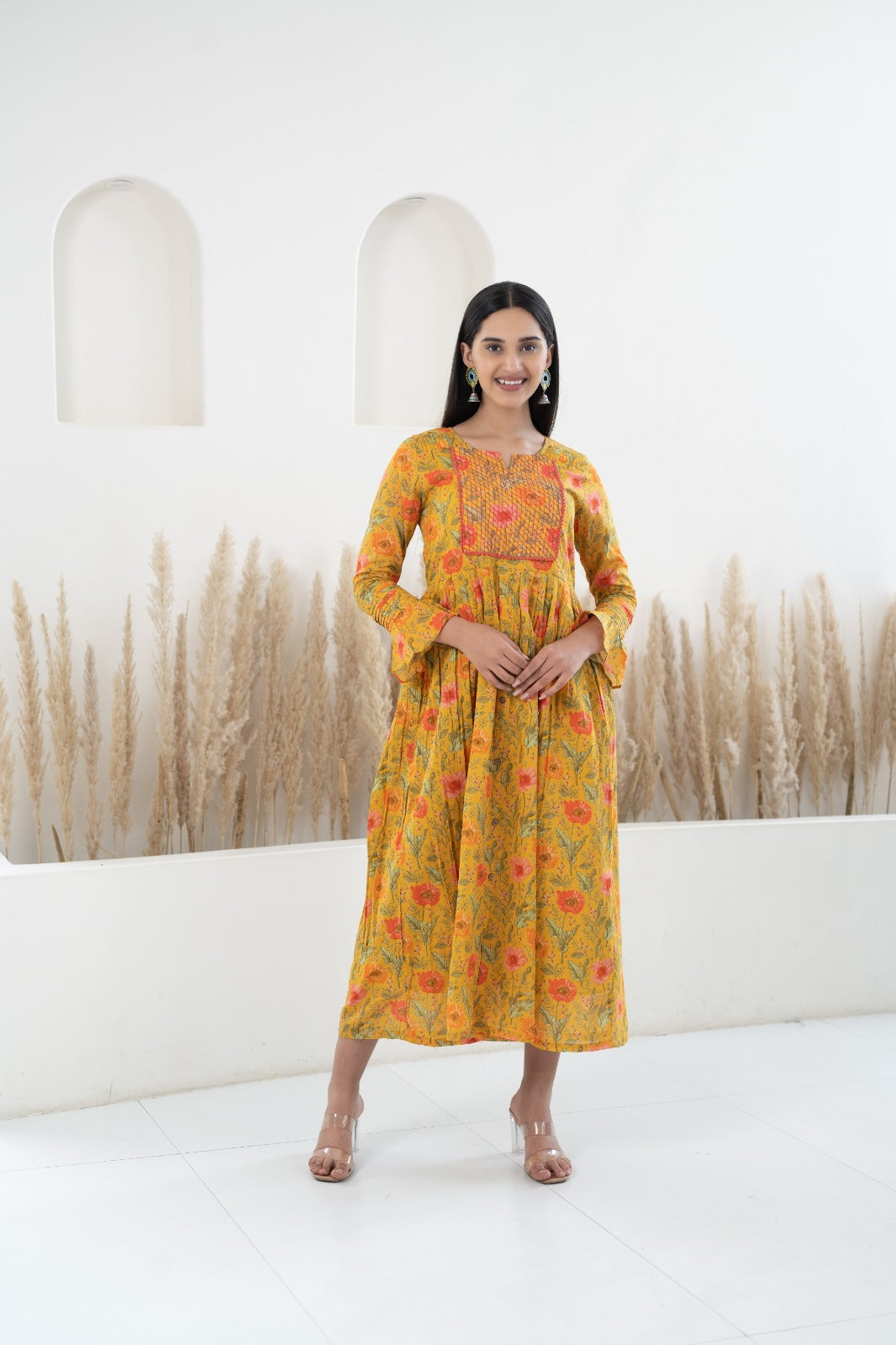 Women’s Mustard Printed Traditional Dress by Myshka- 1 pc set