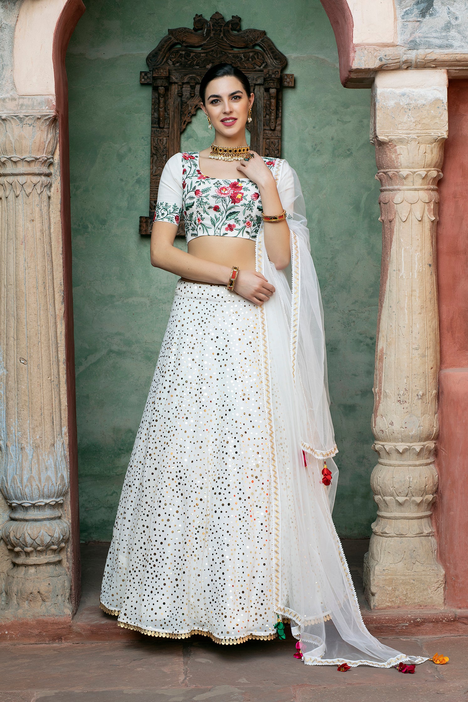 Women's White Georgette Fancy Sequince Glistening Embellishments Lehenga Set - Shubhkala