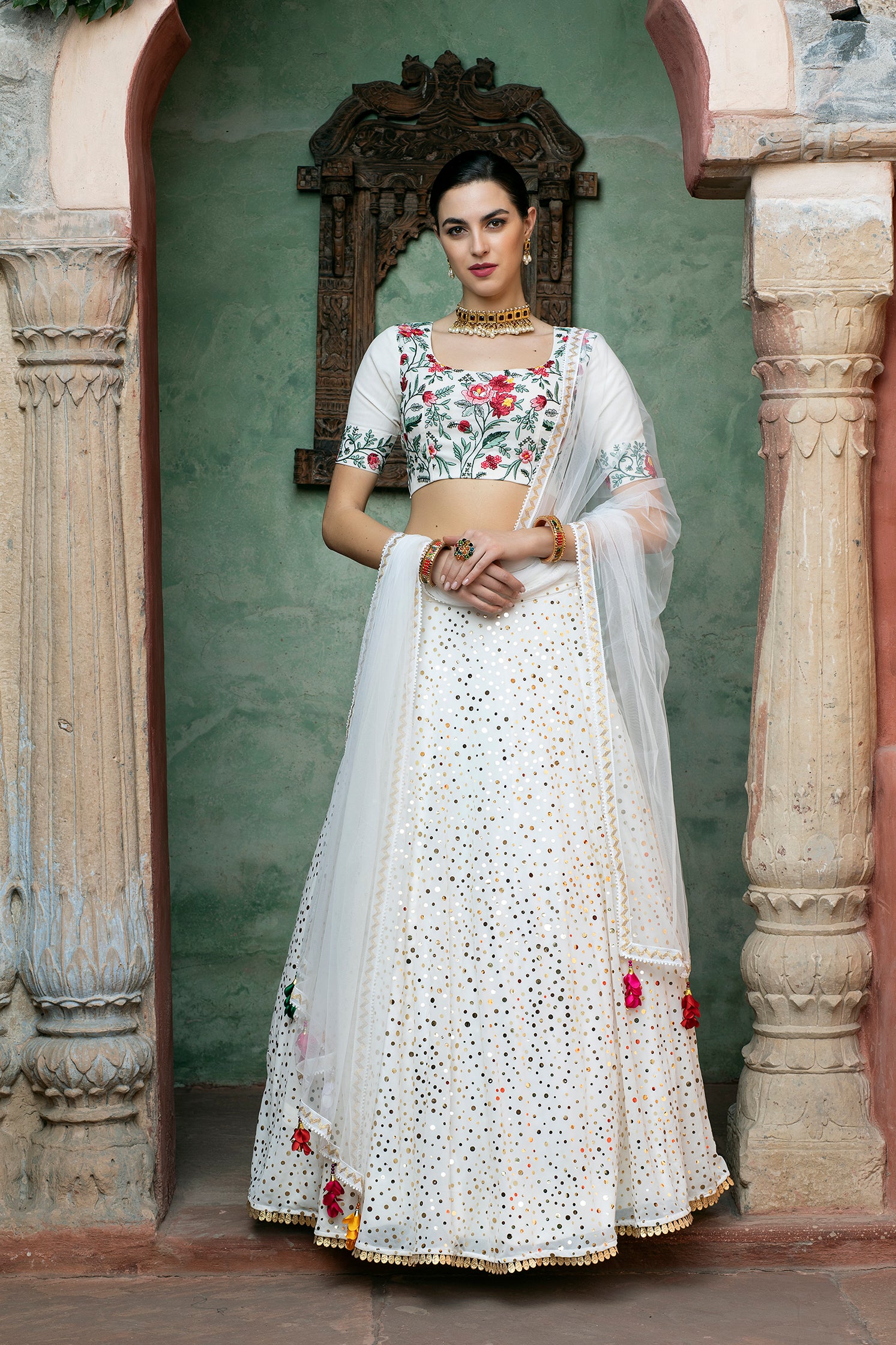 Women's White Georgette Fancy Sequince Glistening Embellishments Lehenga Set - Shubhkala