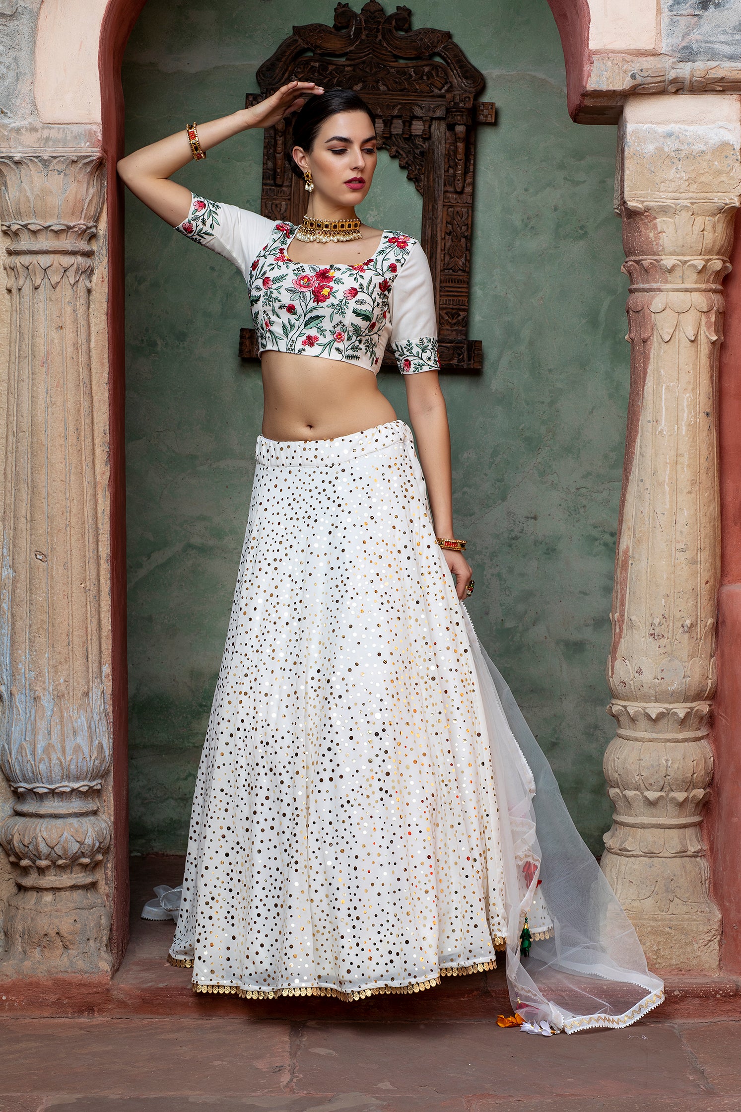 Women's White Georgette Fancy Sequince Glistening Embellishments Lehenga Set - Shubhkala