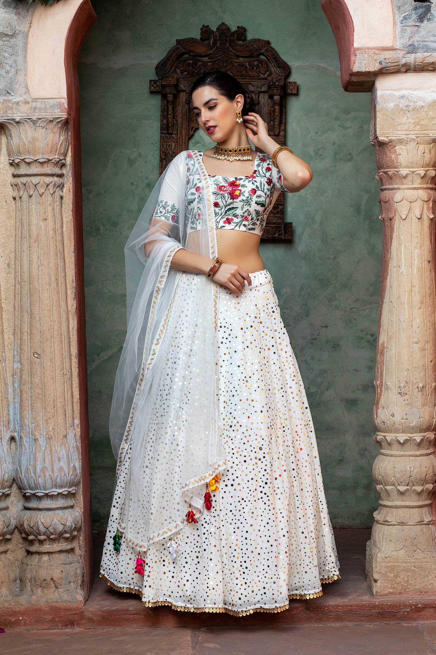 Women's White Georgette Fancy Sequince Glistening Embellishments Lehenga Set - Shubhkala