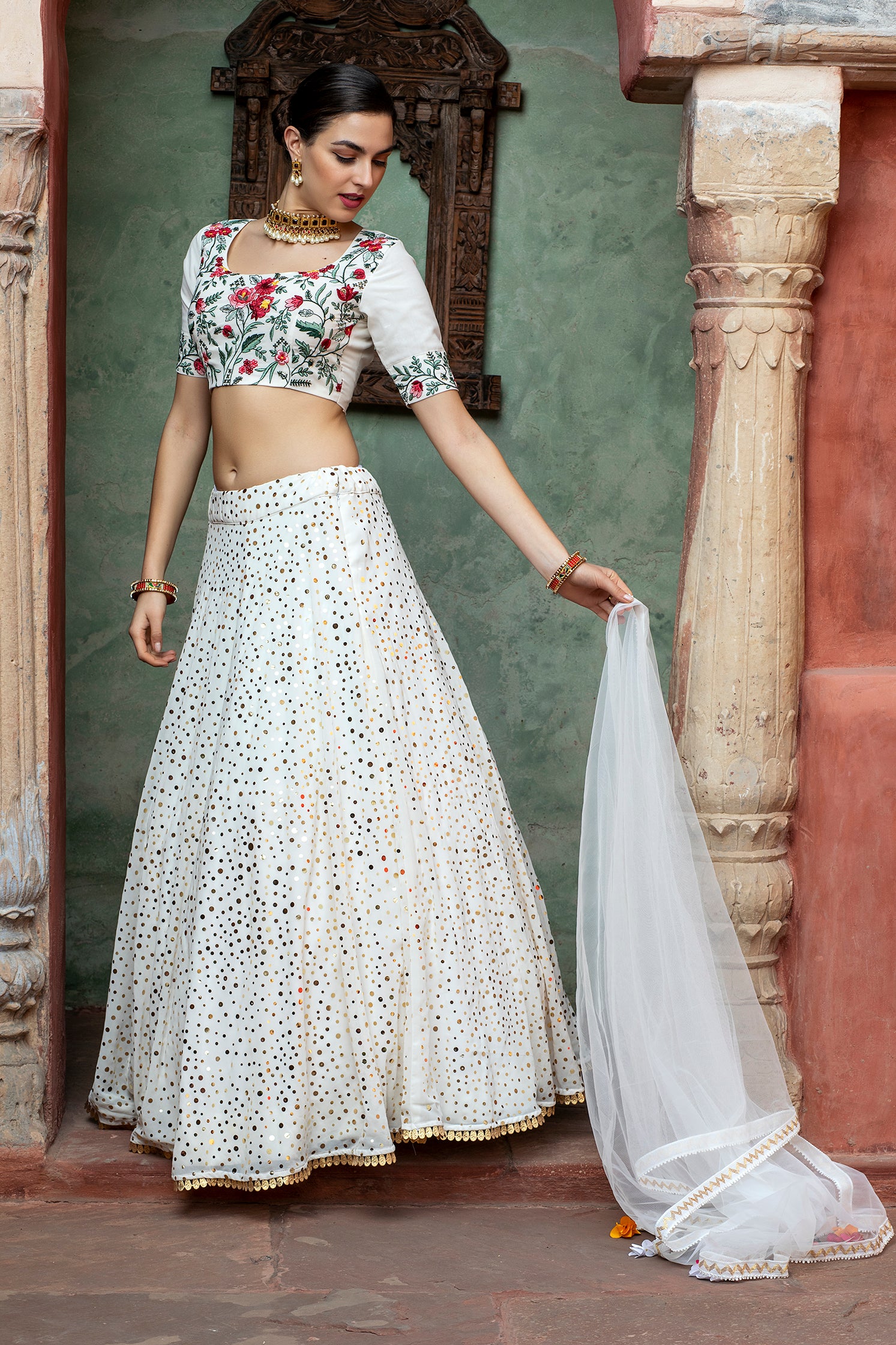 Women's White Georgette Fancy Sequince Glistening Embellishments Lehenga Set - Shubhkala