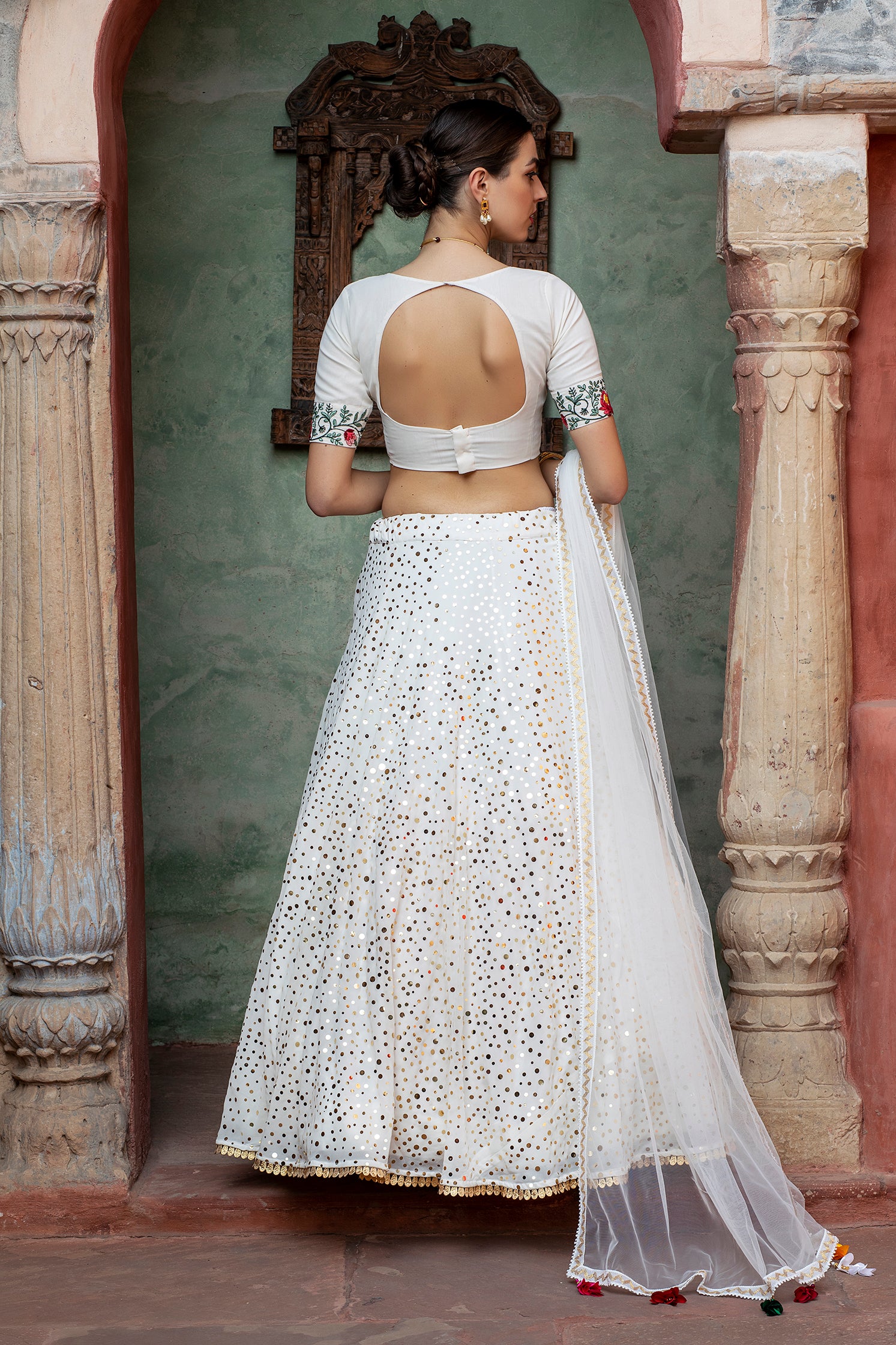 Women's White Georgette Fancy Sequince Glistening Embellishments Lehenga Set - Shubhkala