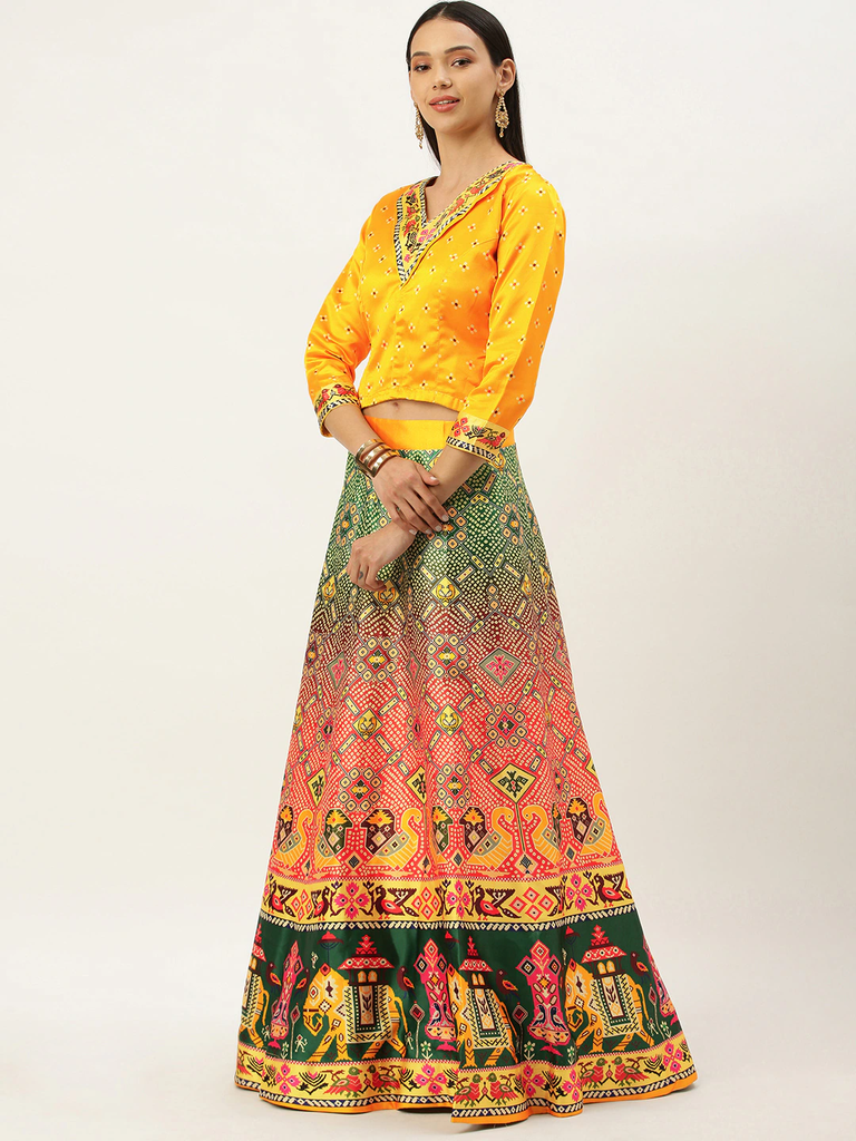 Women's Bandhni Patola Type Digital Print Shiney Satin Croptop Lehenga Choli With Unstitched Blouse