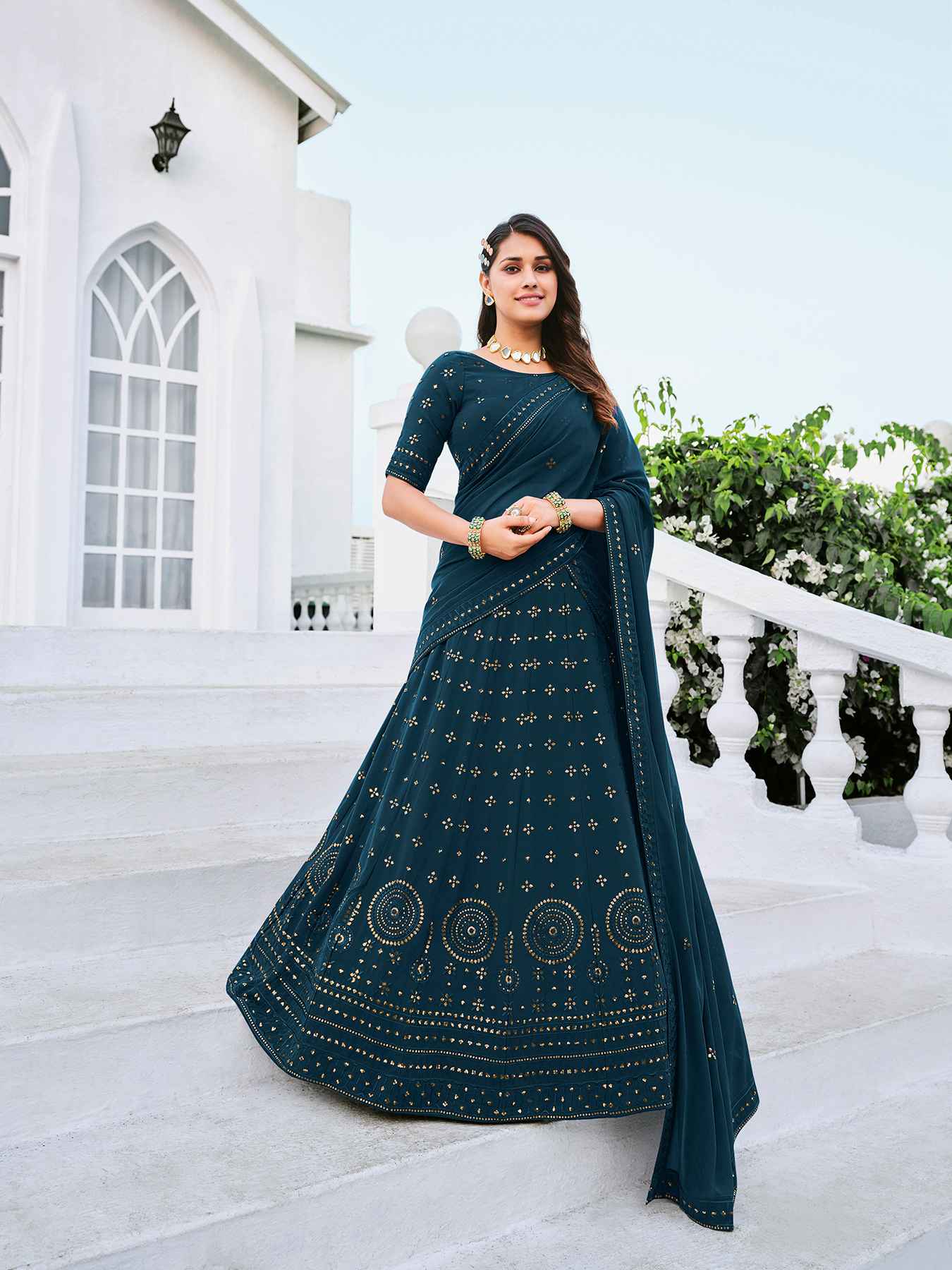 Women's Teal Blue Georgette Thread Sequence Embroidered Lehenga Set - Shubhkala