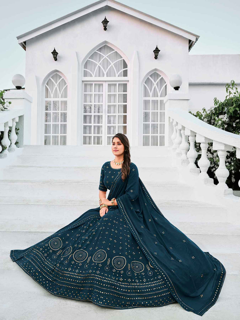 Women's Teal Blue Georgette Thread Sequence Embroidered Lehenga Set
