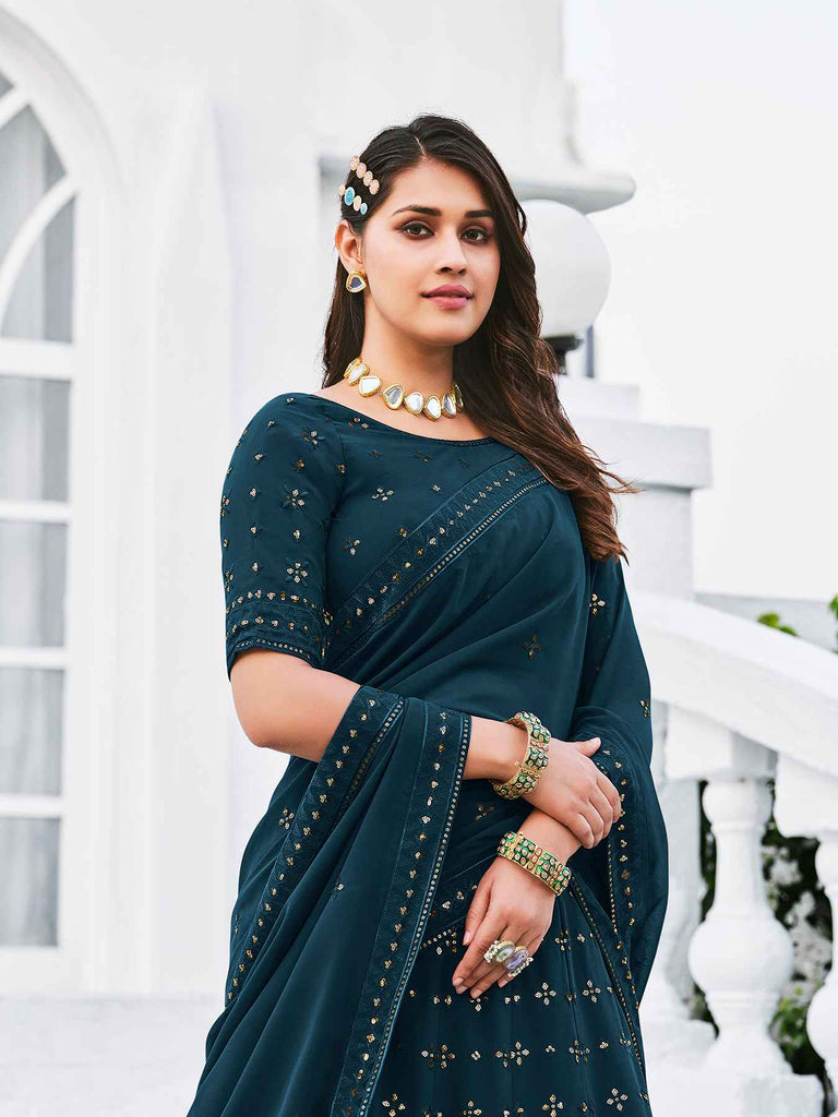 Women's Teal Blue Georgette Thread Sequence Embroidered Lehenga Set