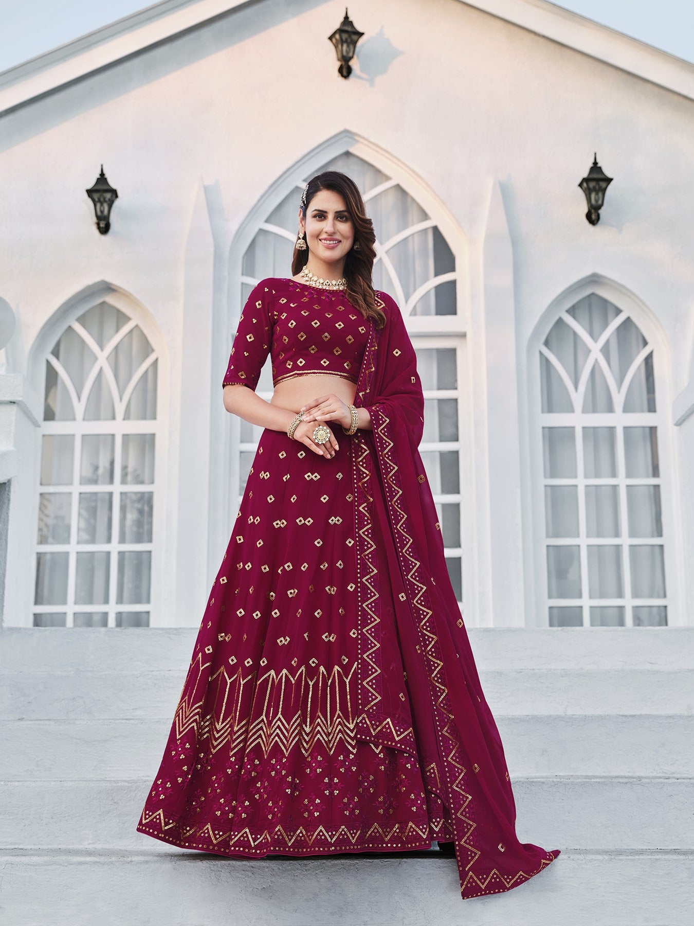 Women's Deep Pink Georgette Thread Sequence Embroidered Lehenga Set - Shubhkala