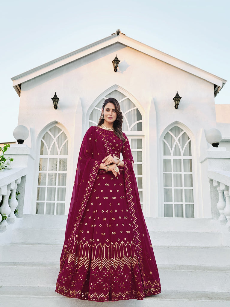 Women's Deep Pink Georgette Thread Sequence Embroidered Lehenga Set