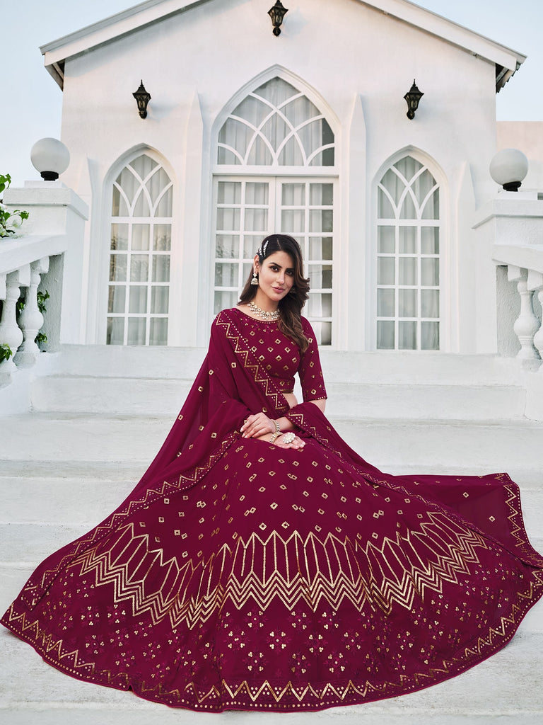 Women's Deep Pink Georgette Thread Sequence Embroidered Lehenga Set