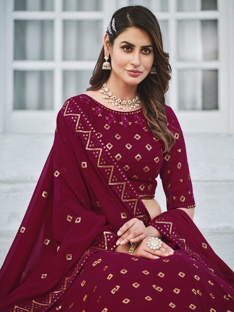 Women's Deep Pink Georgette Thread Sequence Embroidered Lehenga Set