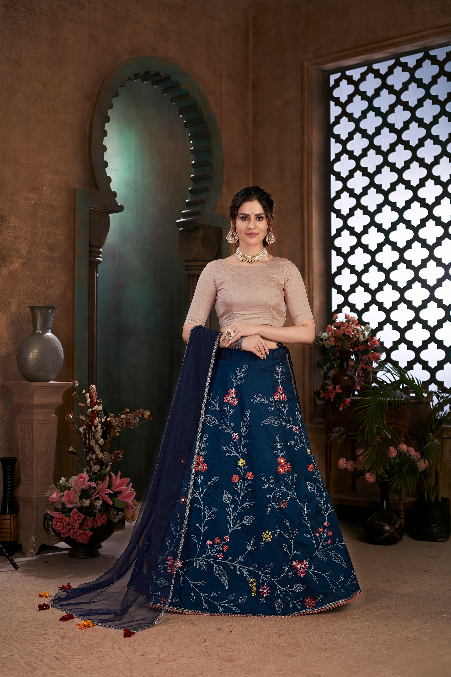 Women's Navy Blue Silk Thread Embroidered Lehenga Set - Shubhkala