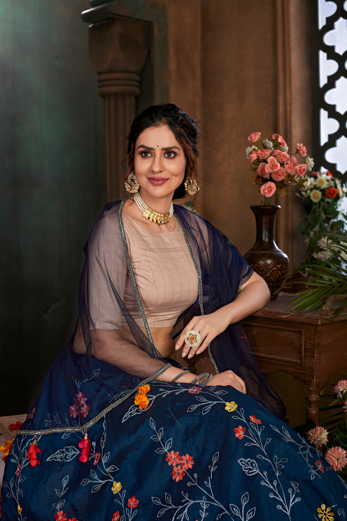 Women's Navy Blue Silk Thread Embroidered Lehenga Set