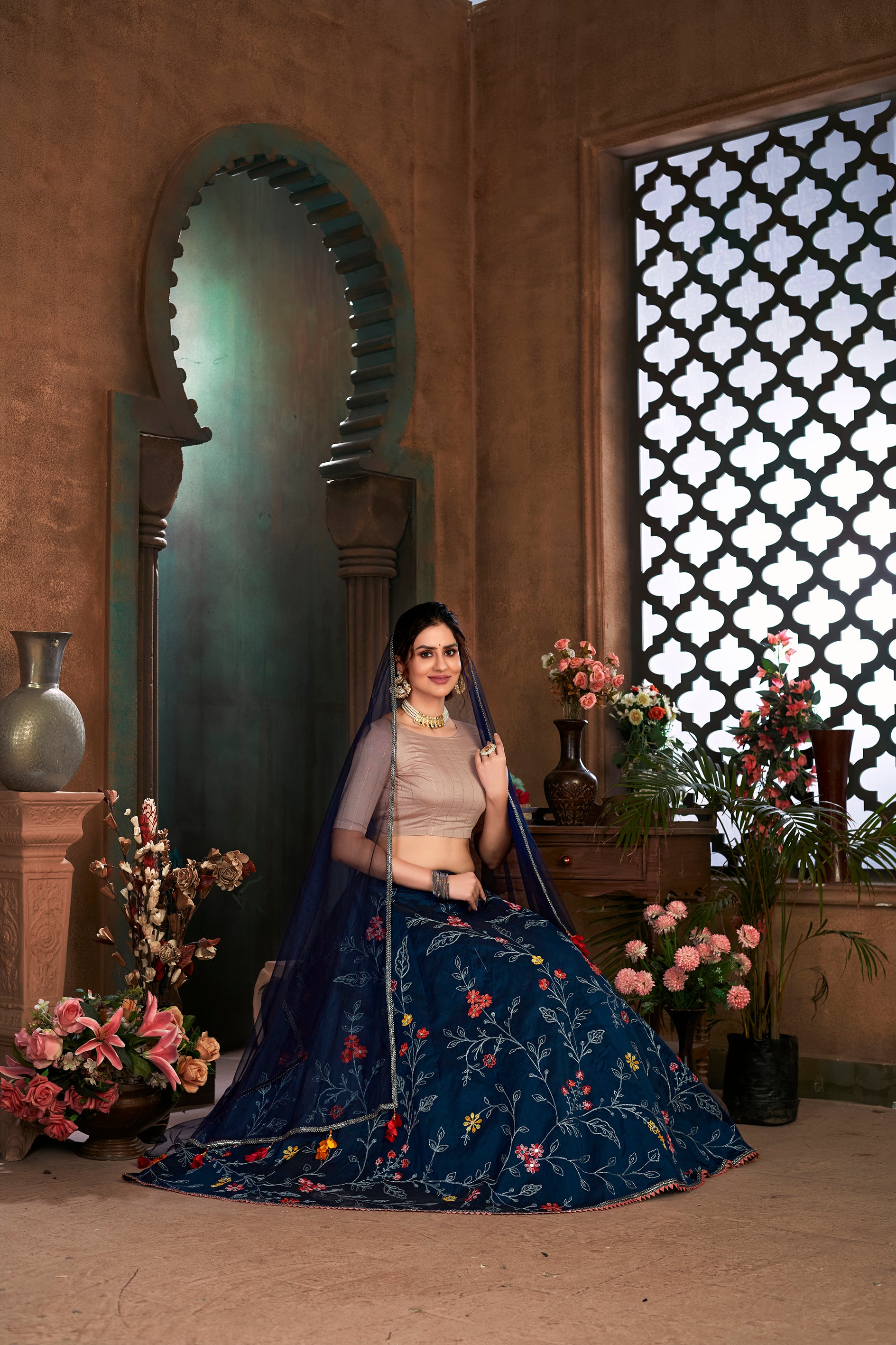 Women's Navy Blue Silk Thread Embroidered Lehenga Set - Shubhkala