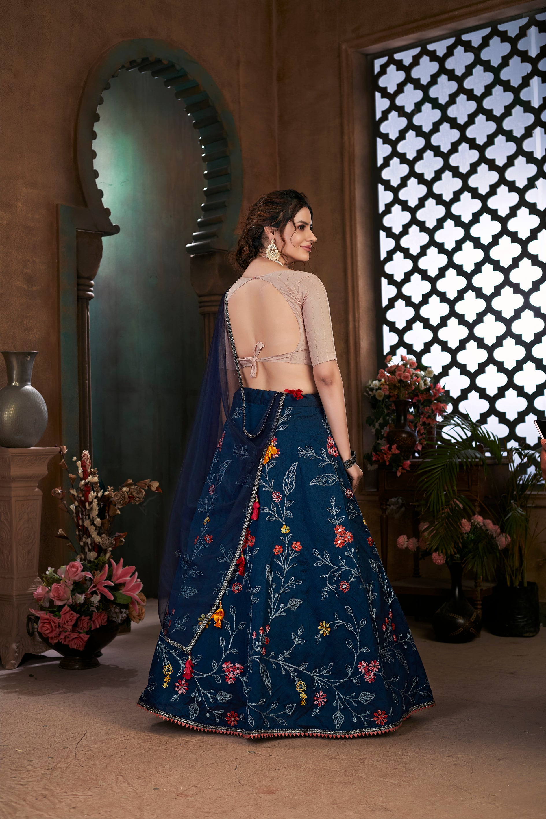 Women's Navy Blue Silk Thread Embroidered Lehenga Set - Shubhkala