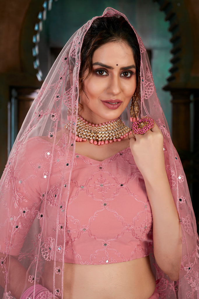 Women's Pink Georgette Thread Embroidered Lehenga Set
