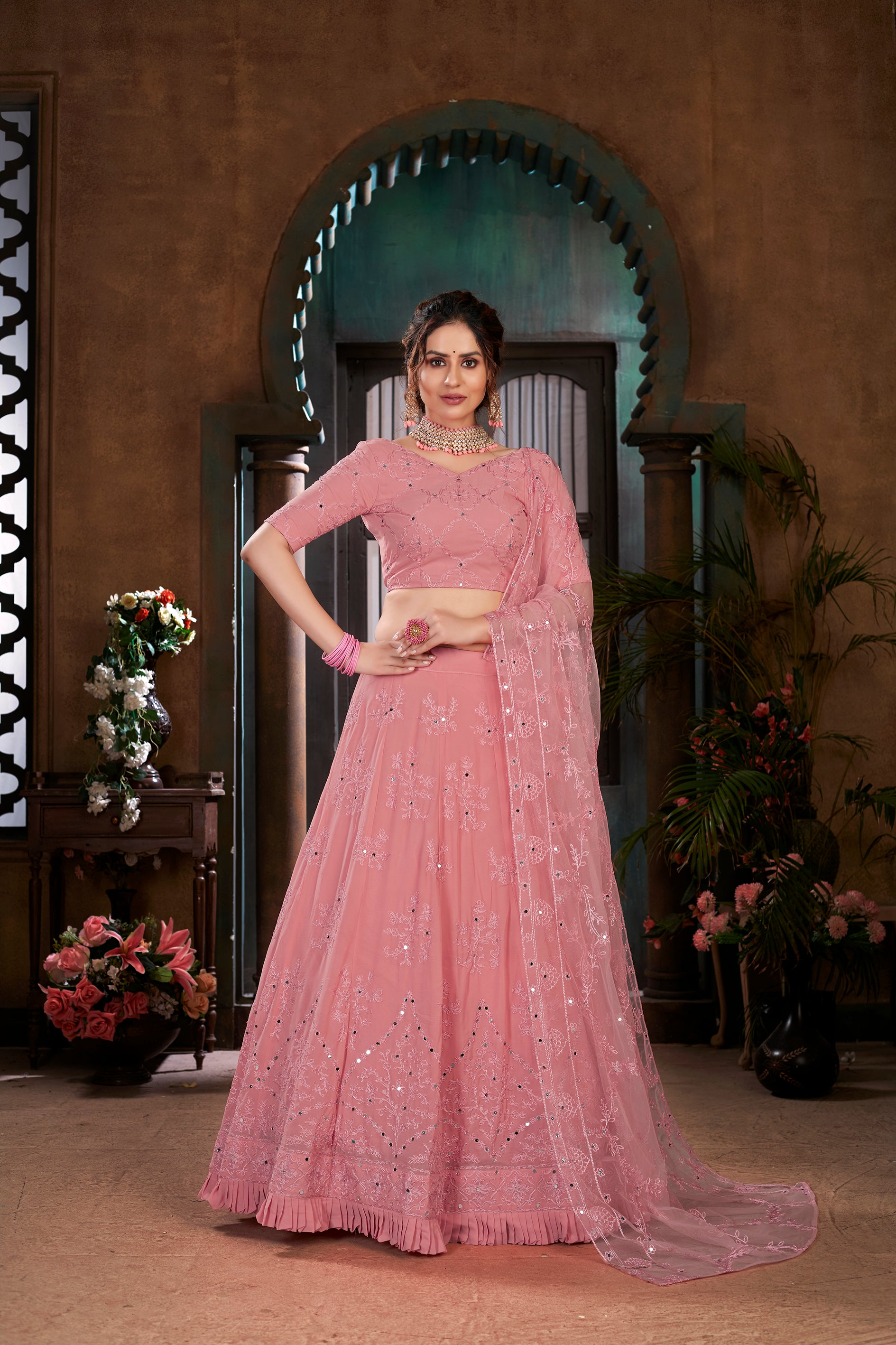 Women's Pink Georgette Thread Embroidered Lehenga Set - Shubhkala