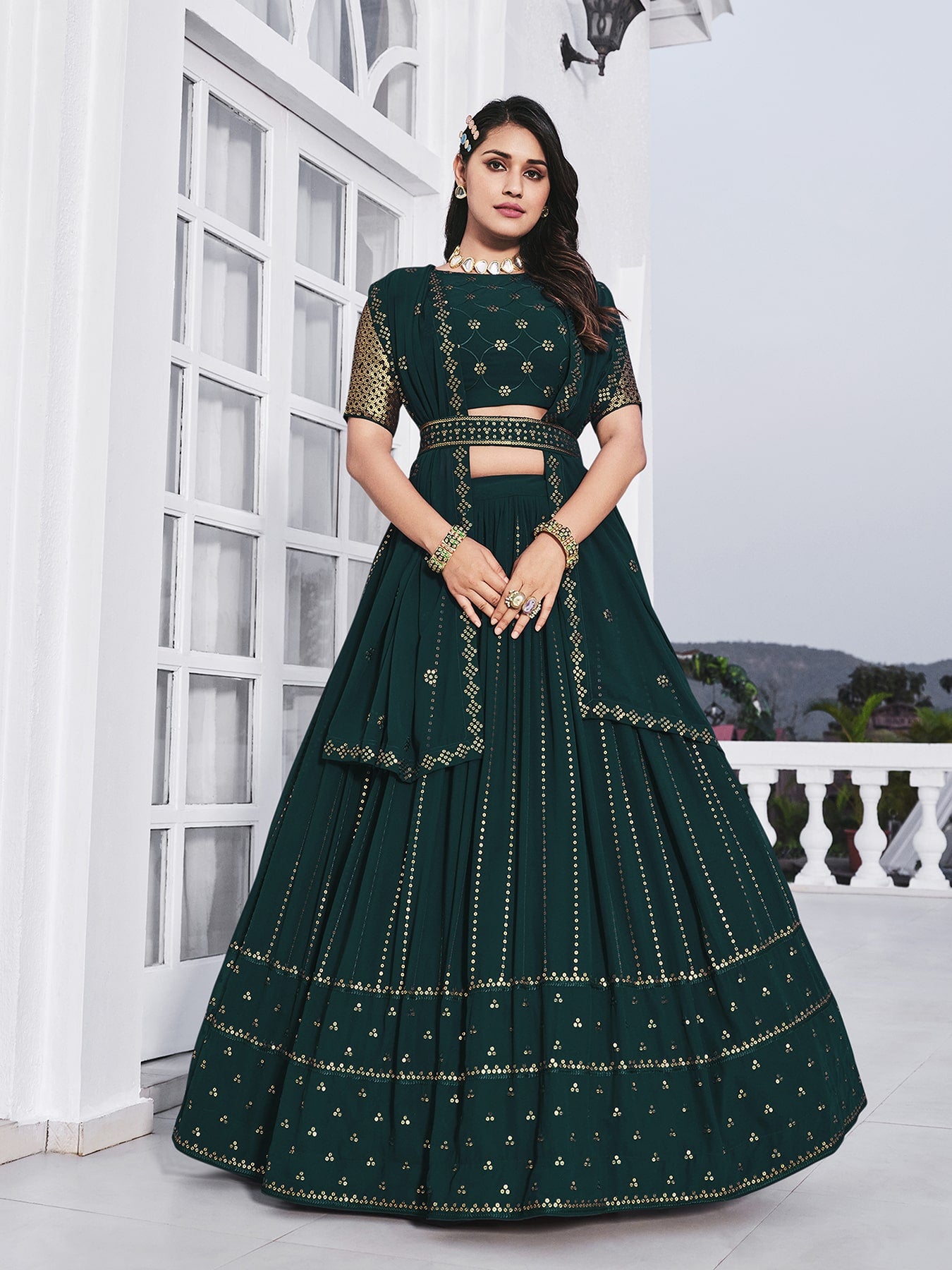 Women's Teal Green Georgette Thread Sequence Embroidered Lehenga Set - Shubhkala