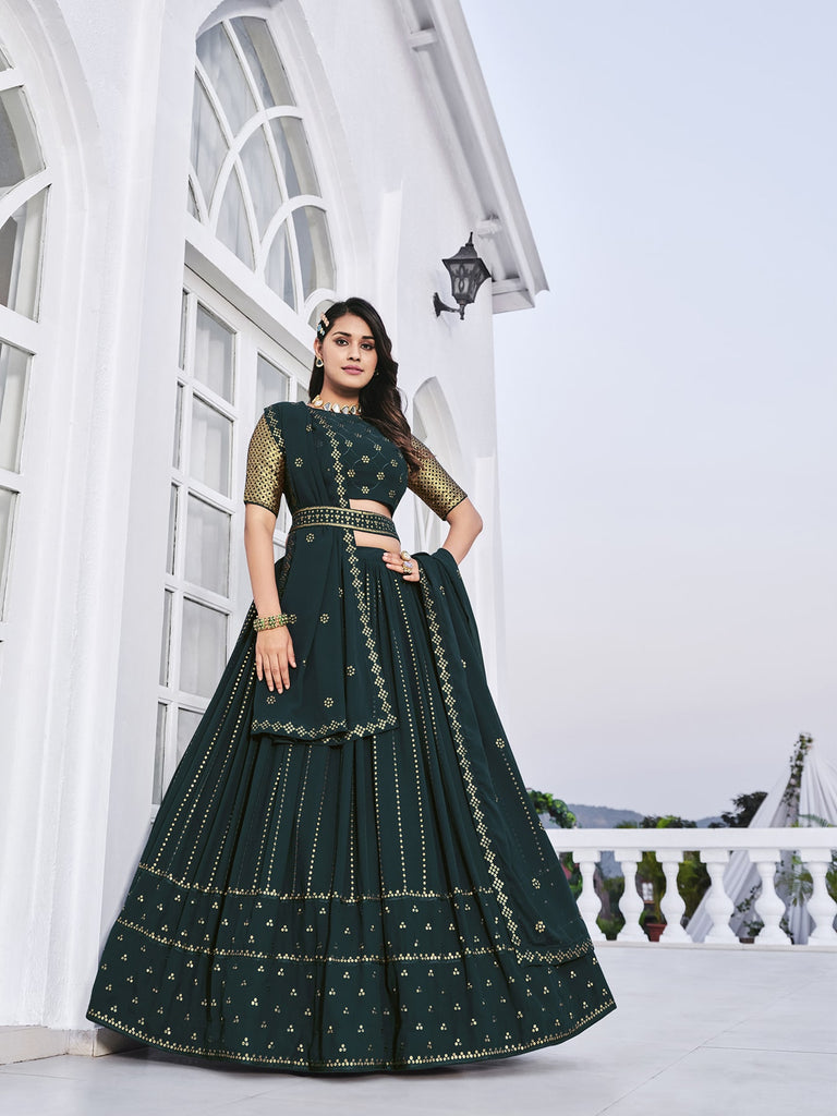 Women's Teal Green Georgette Thread Sequence Embroidered Lehenga Set
