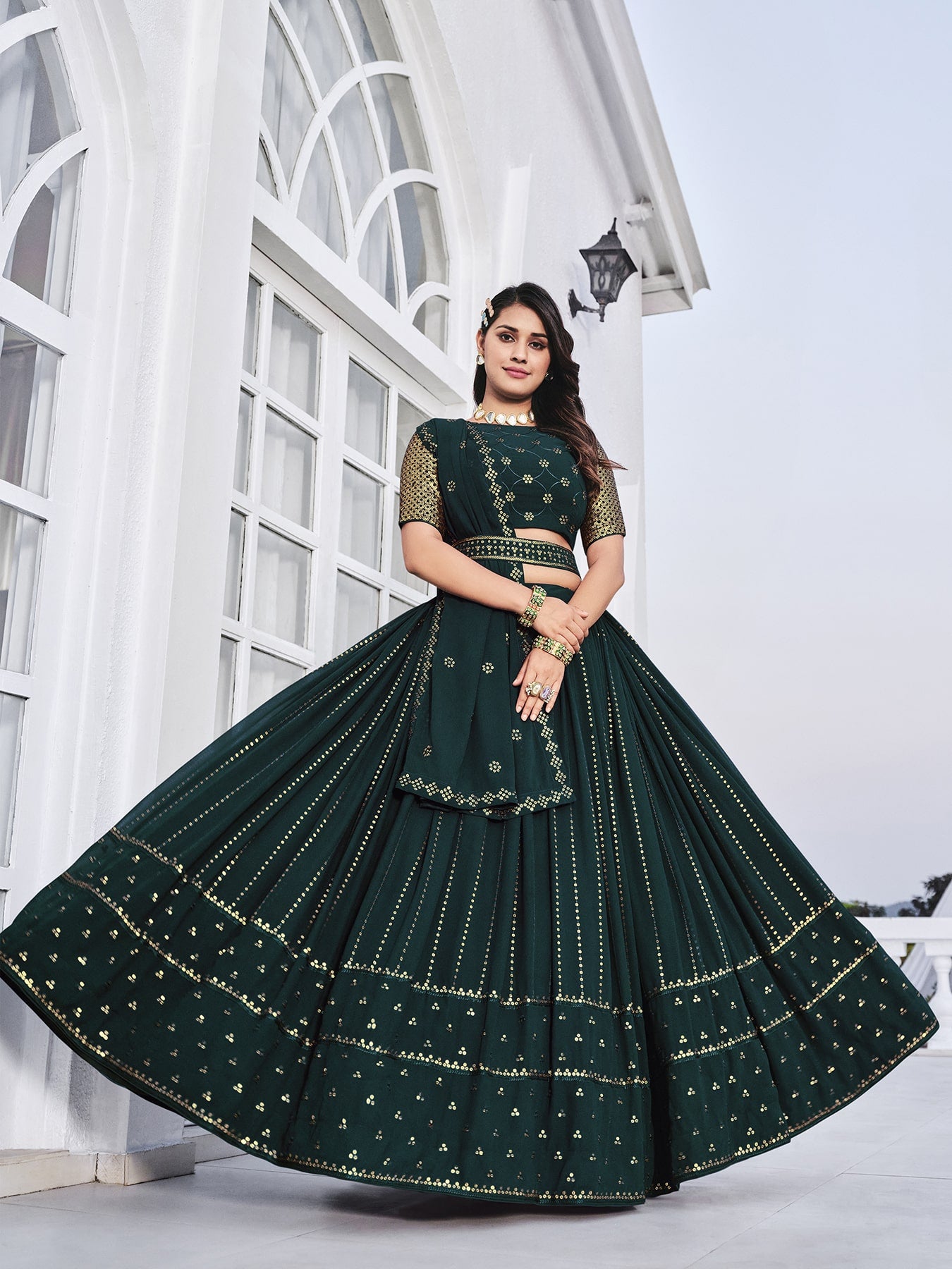 Women's Teal Green Georgette Thread Sequence Embroidered Lehenga Set - Shubhkala