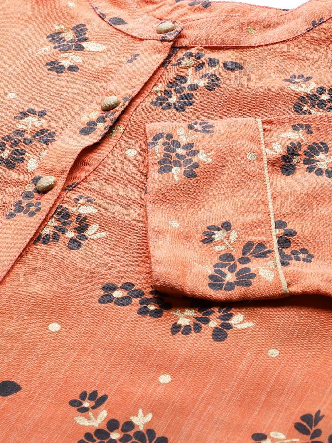 Women's  Peach-Coloured & Teal Blue Floral Print Kurta with Palazzos