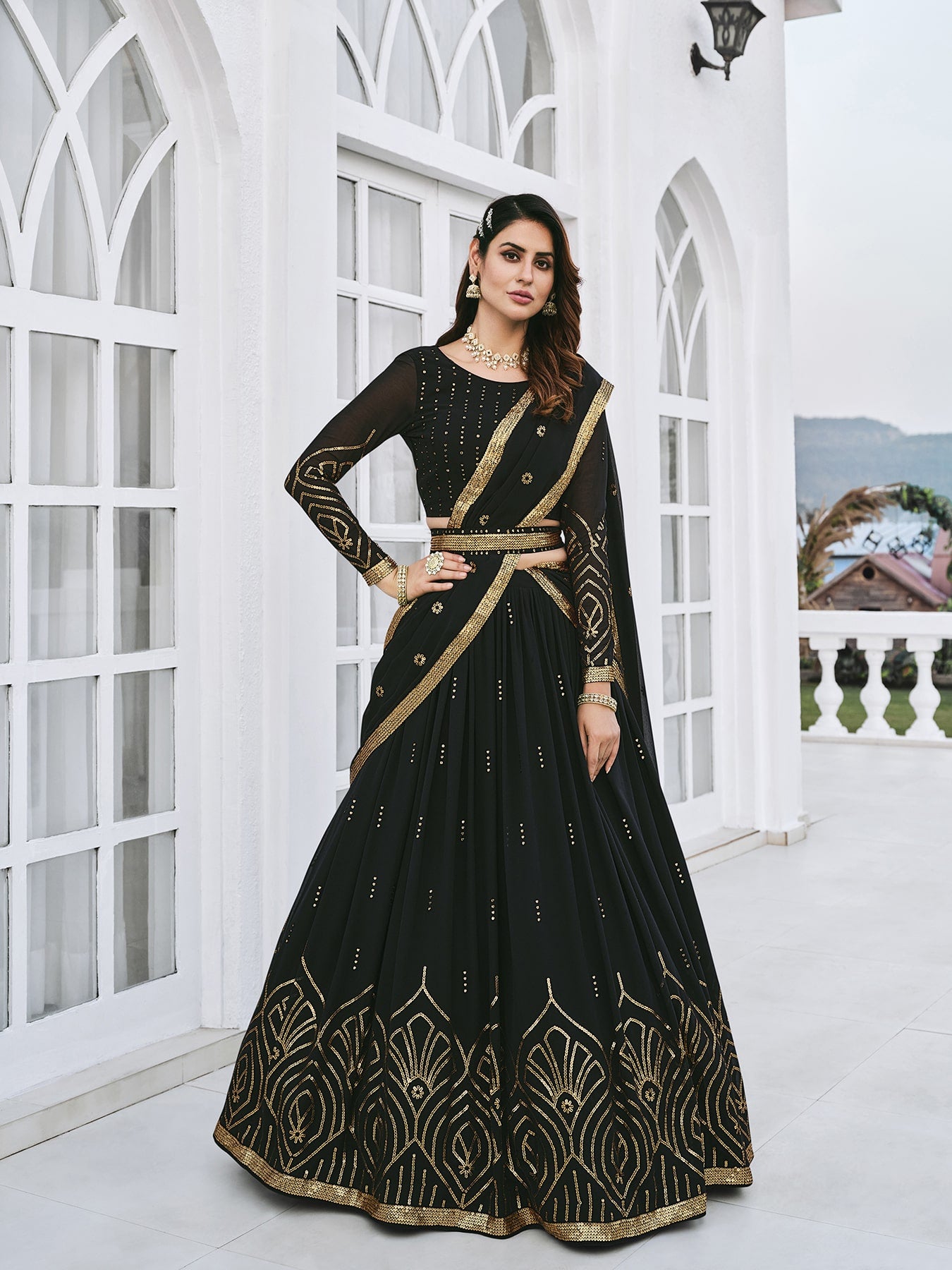 Women's Black Georgette Thread Sequence Embroidered Lehenga Set - Shubhkala