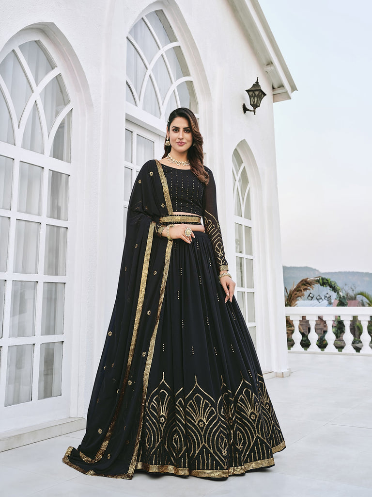 Women's Black Georgette Thread Sequence Embroidered Lehenga Set