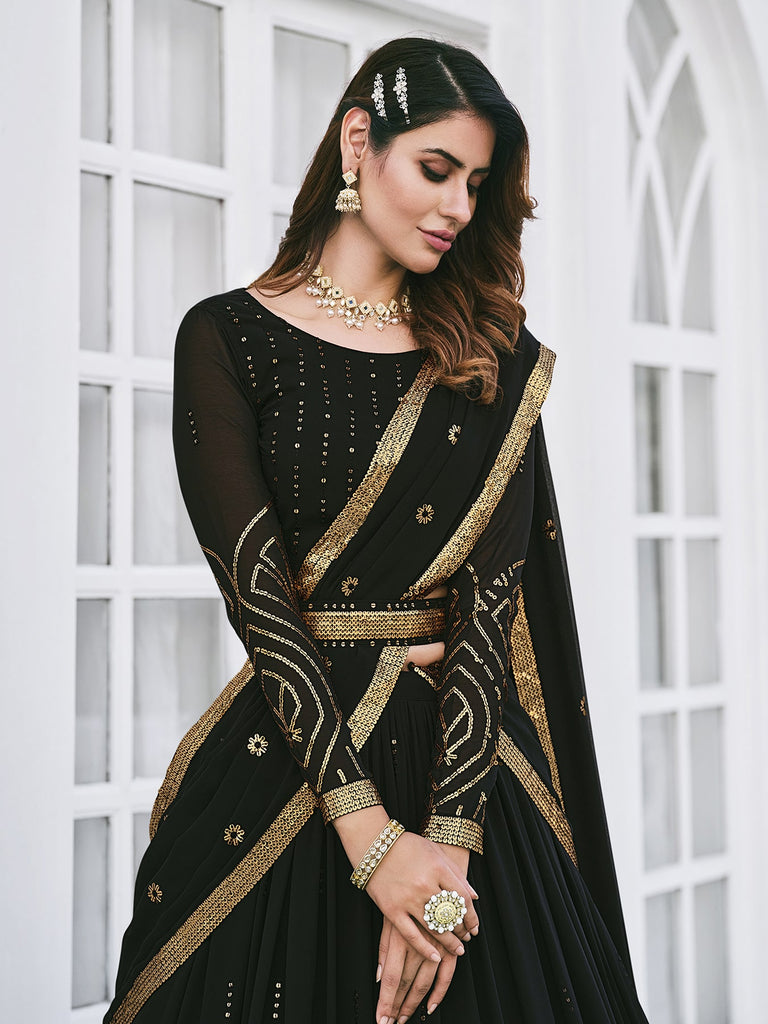 Women's Black Georgette Thread Sequence Embroidered Lehenga Set