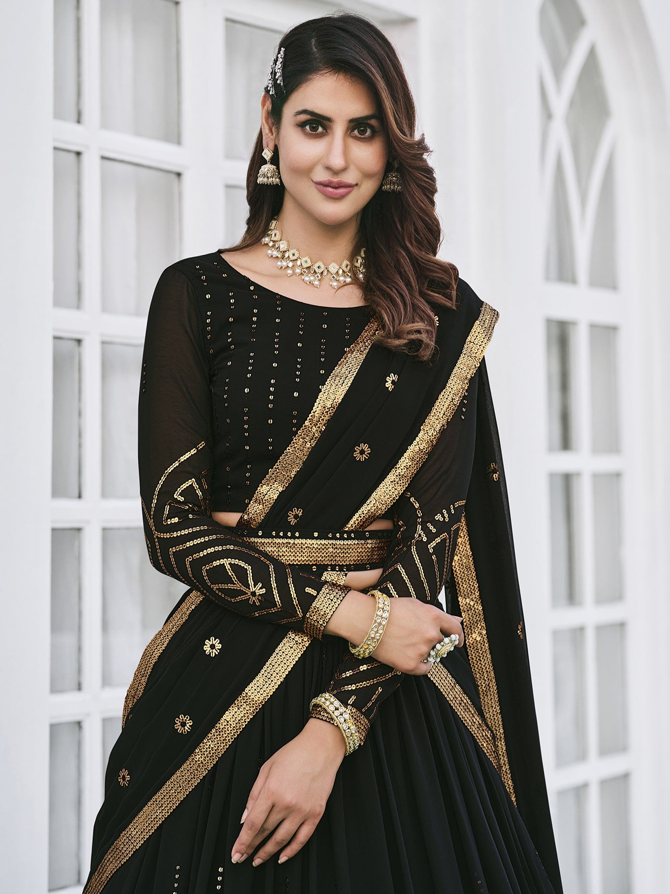 Women's Black Georgette Thread Sequence Embroidered Lehenga Set - Shubhkala