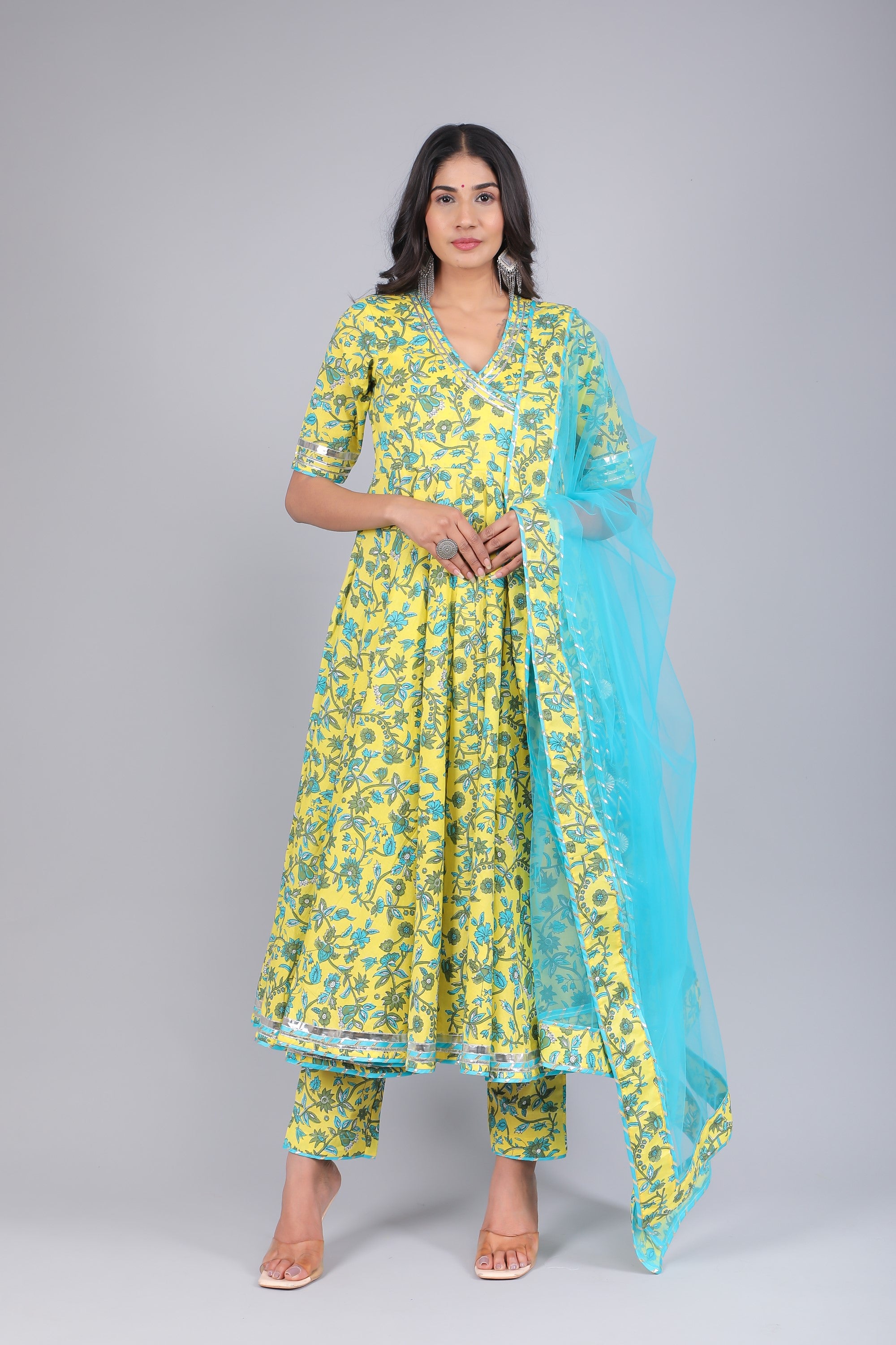 Women's Yellow Paisely Jaal Cotton Angrakha Set - Pomcha Jaipur