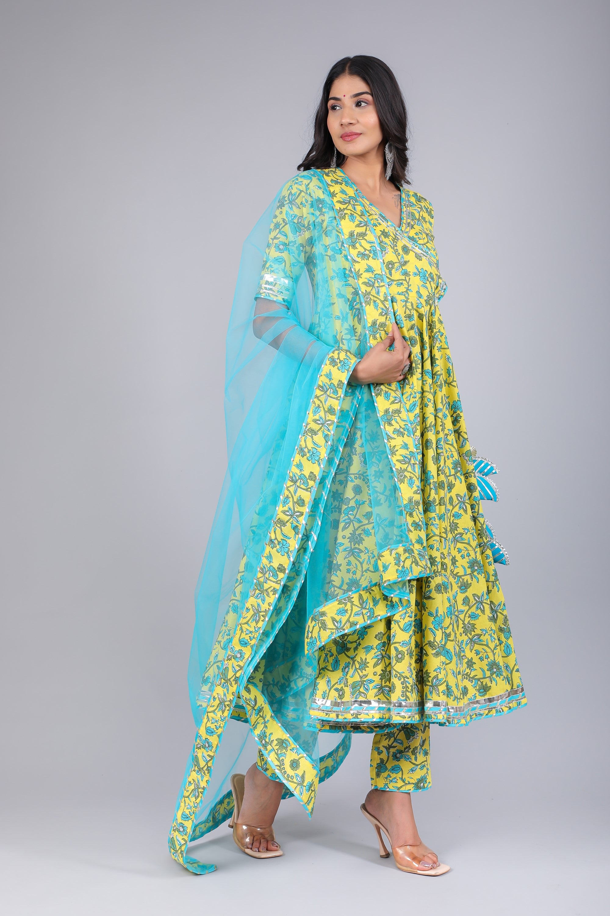 Women's Yellow Paisely Jaal Cotton Angrakha Set - Pomcha Jaipur