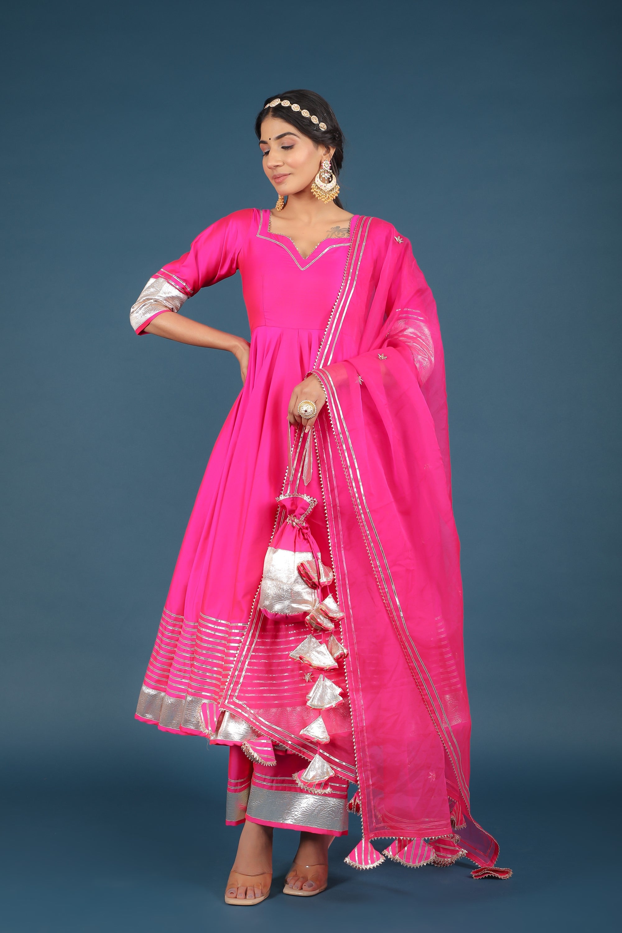 Women's Amber Hot Pink Taffeta Silk Anarkali Set - Pomcha Jaipur