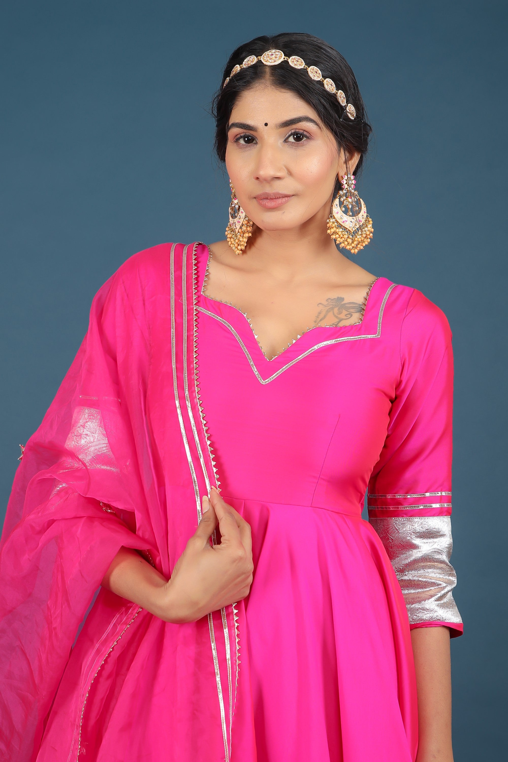 Women's Amber Hot Pink Taffeta Silk Anarkali Set - Pomcha Jaipur