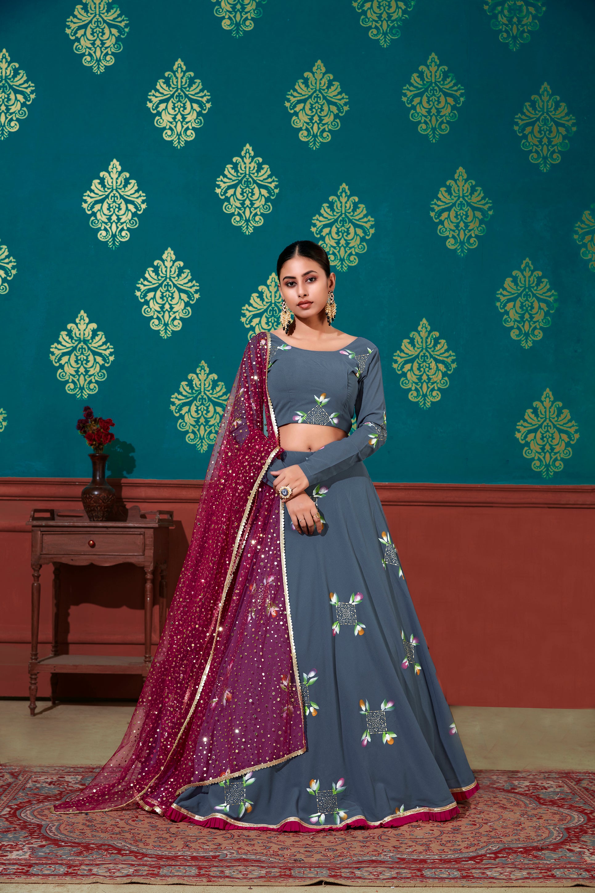 Women's Blue Georgette Pigment Foil Lehenga Set - Shubhkala