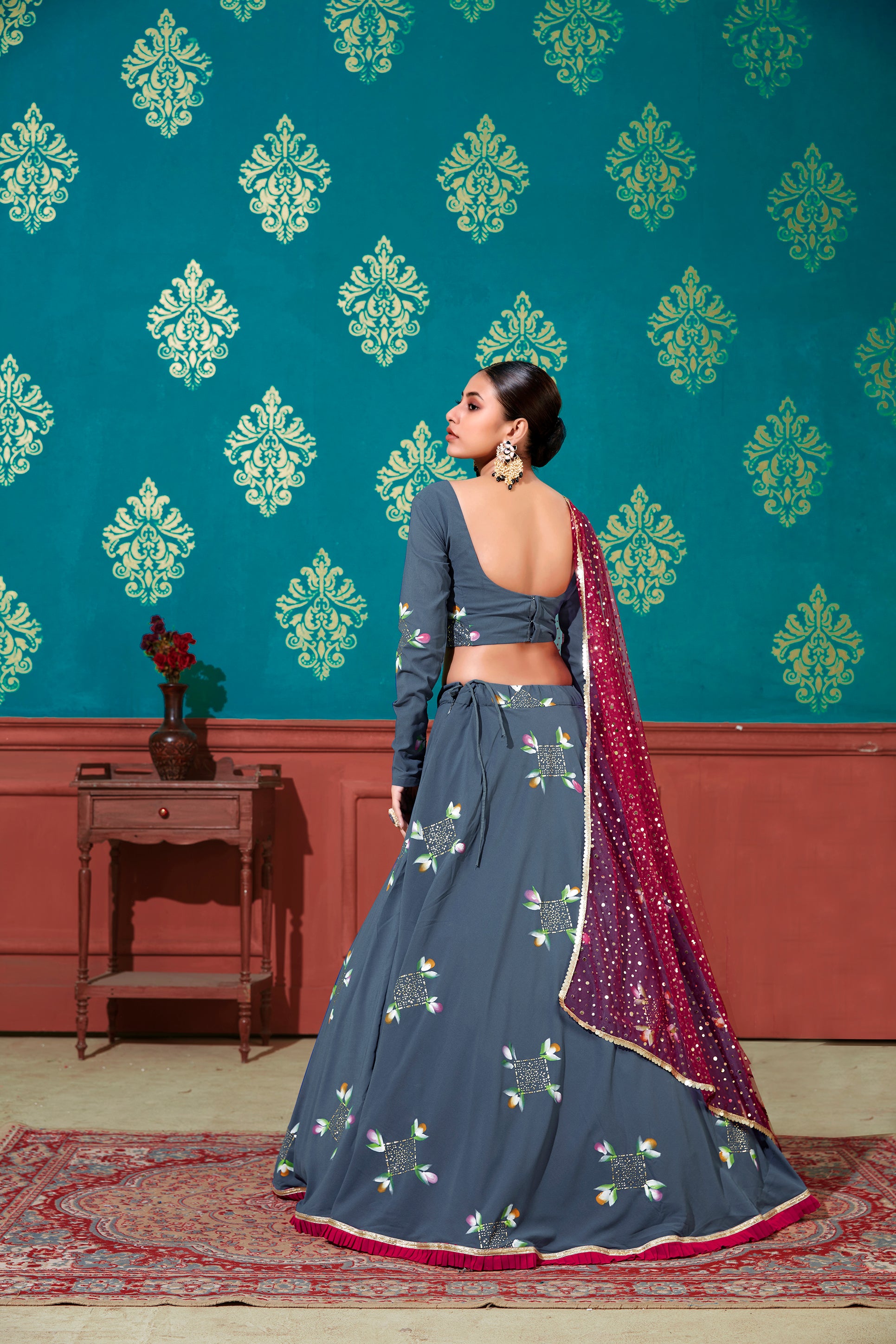 Women's Blue Georgette Pigment Foil Lehenga Set - Shubhkala