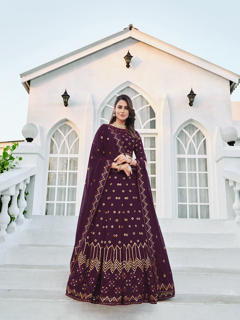 Women's Purple Georgette Thread Sequence Embroidered Lehenga Set