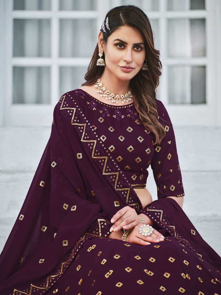 Women's Purple Georgette Thread Sequence Embroidered Lehenga Set