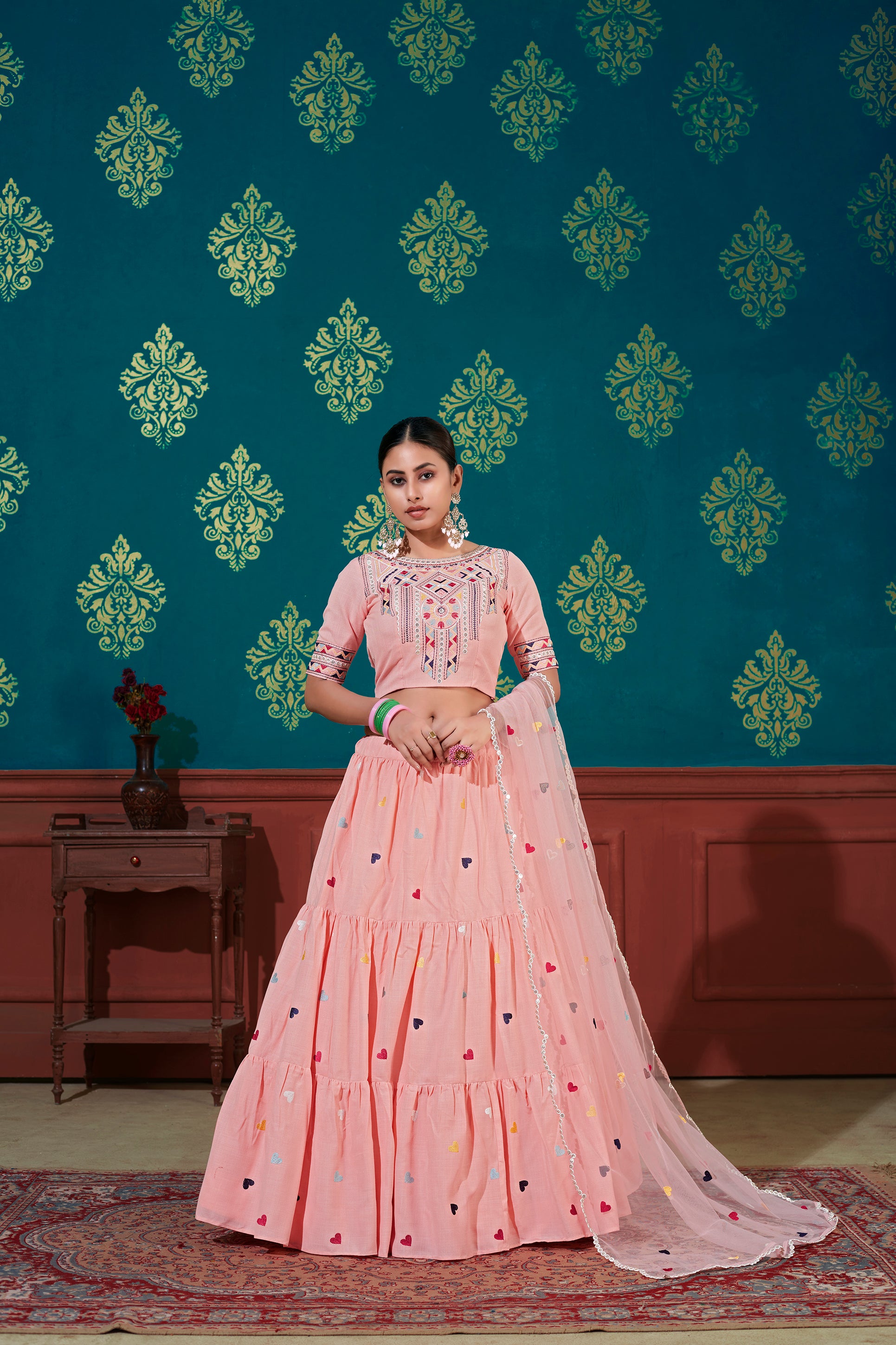 Women's Pink Cotton Thread Embroidered Lehenga Set - Shubhkala